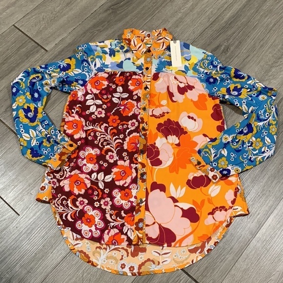 Maeve Anthropologie Contrast Print Buttondown Long Sleeve Blouse NWT size XXS - Picture 10 of 14